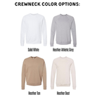 four crew neck sweatshirts in different colors: solid white, Heather Athletic Grey, Heather Tan, and Heather Dust.