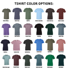 a collection of 16 different t-shirt designs, each with a unique color and style, arranged in a grid format.