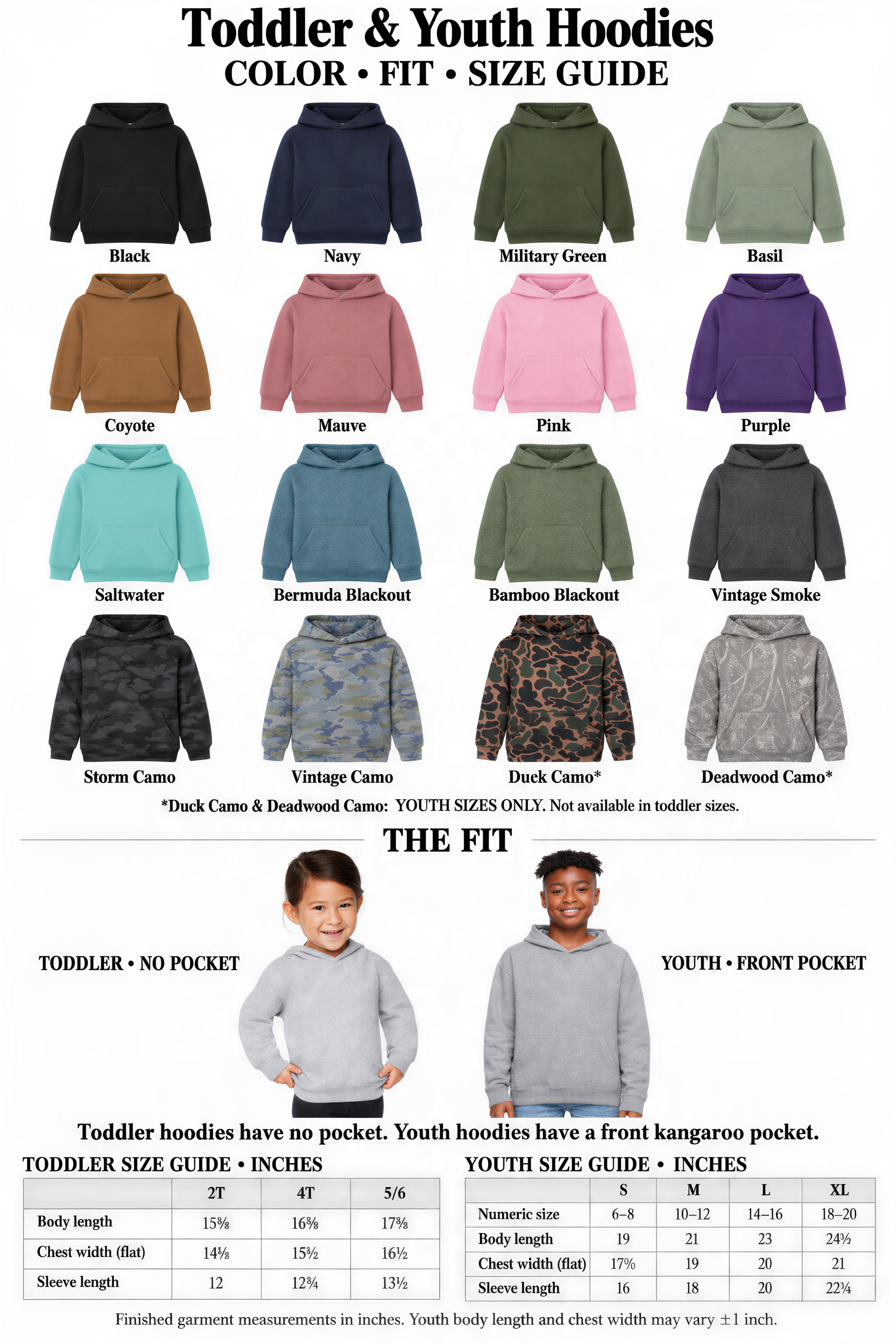 The image is a color and fit size guide for toddler and youth hoodies, featuring a variety of hoodie designs in different colors and sizes.