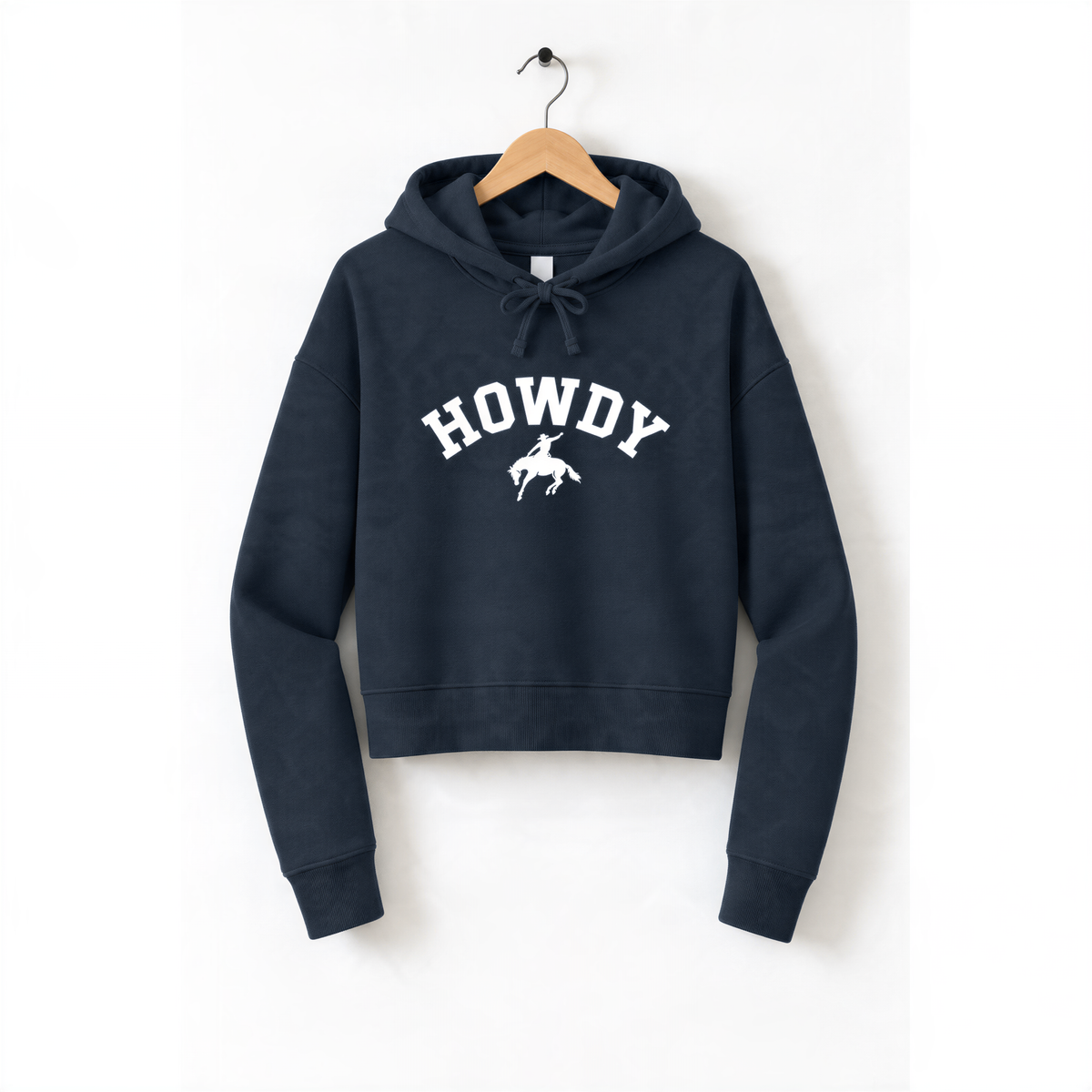 A navy blue hoodie with the word "HOWDY" printed on it, hanging on a wooden hanger.