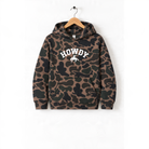 A camouflage hoodie with the word "HOWDY" printed on it, hanging on a wooden hanger.