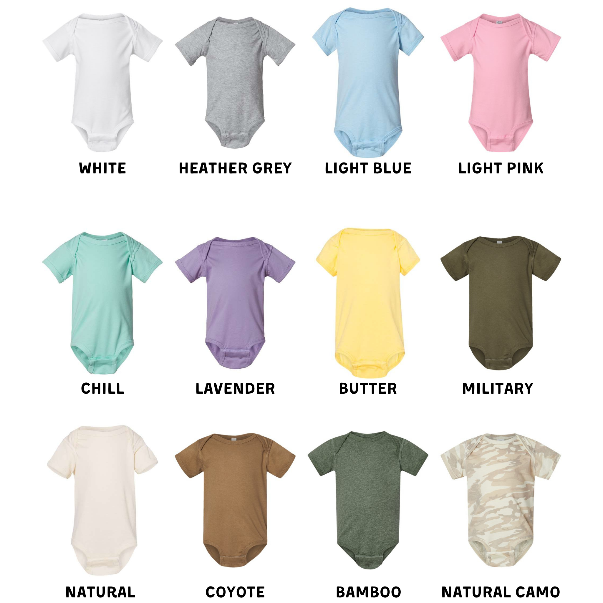 a collection of baby onesies in various colors and styles, including white, grey, light blue, light pink, purple, lavender, butter, military, natural, coyote, and bamboo.