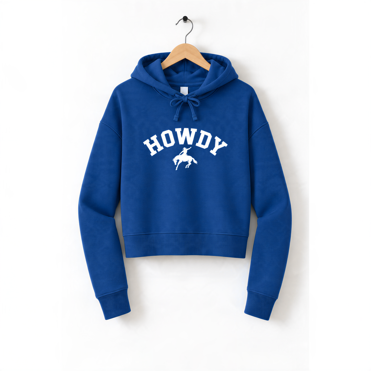 A blue hoodie with the word "HOWDY" printed on it, hanging on a wooden hanger.