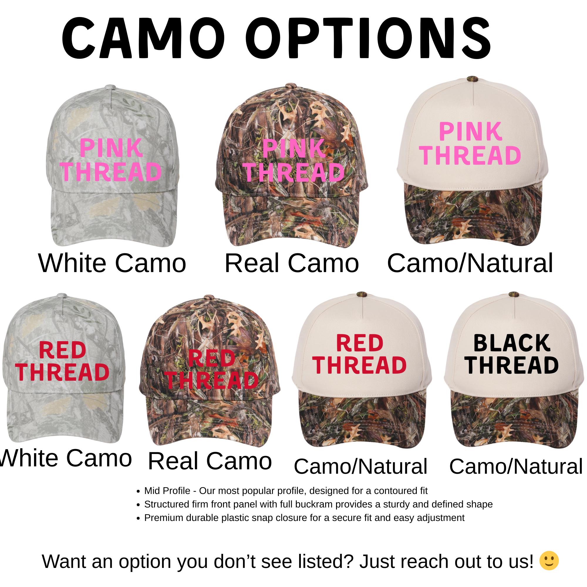 a collection of camo-patterned baseball caps in various colors, including white, pink, black, and natural.