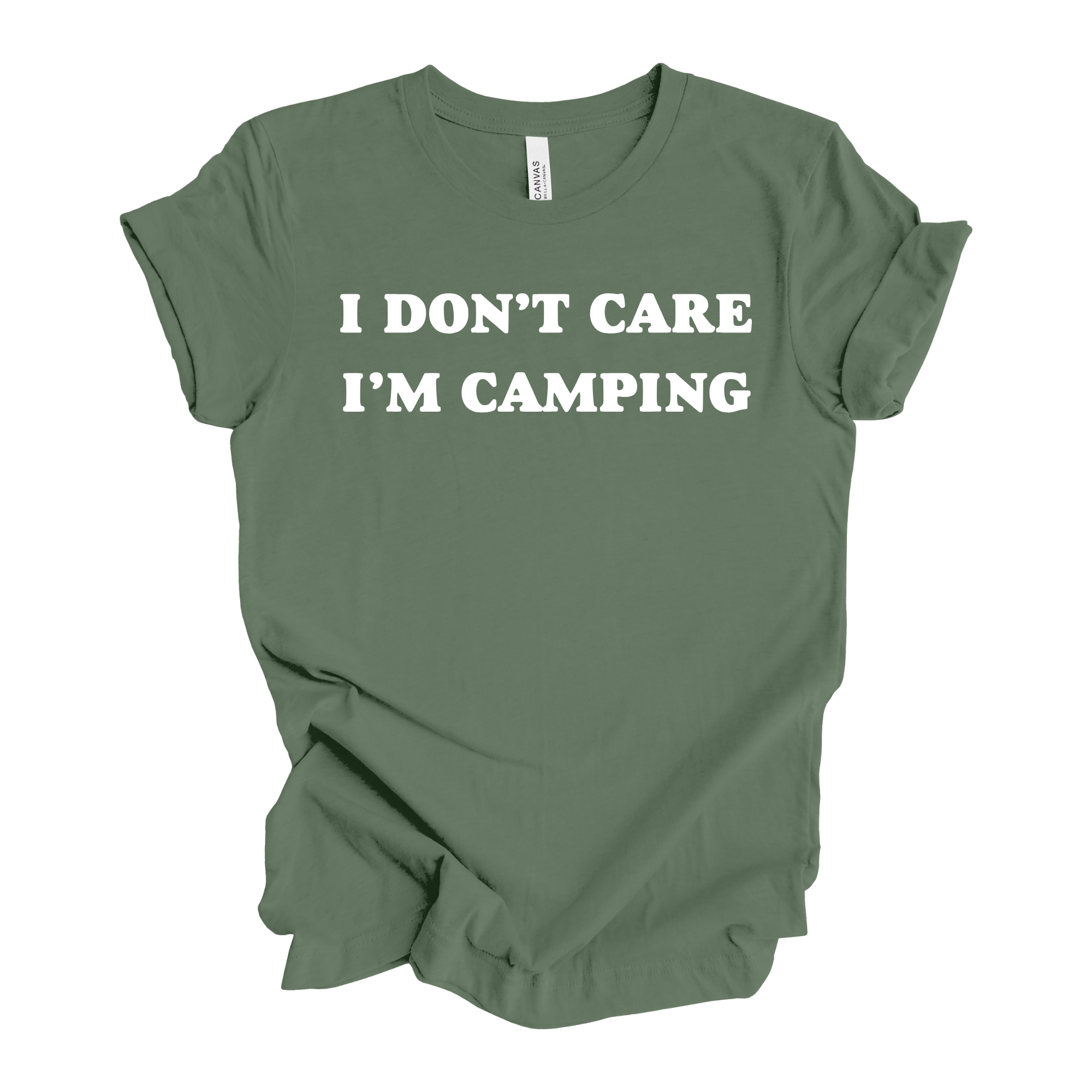 Green t-shirt with 'I DON'T CARE I'M CAMPING' text on a white background