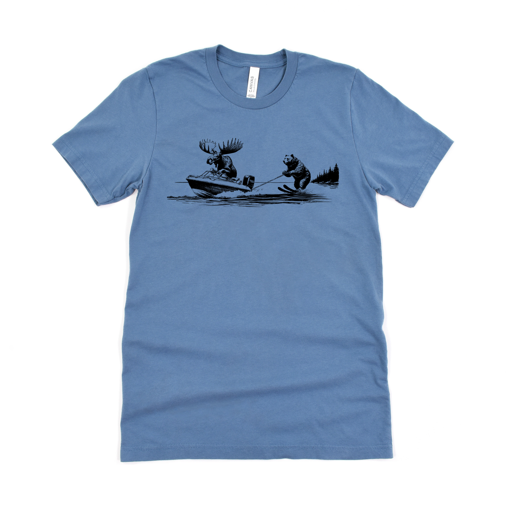 Funny moose t-shirt with moose driving boat and moose on water skis