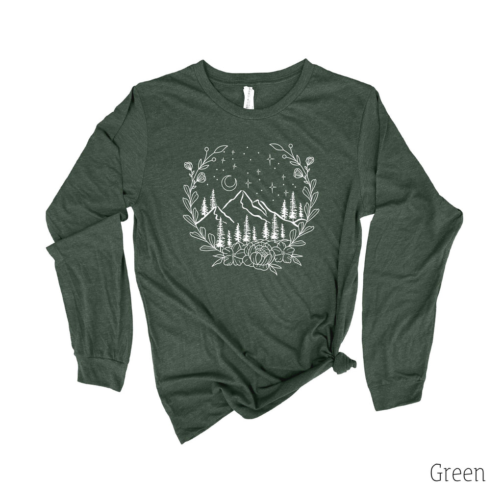 Mountain Scene Long Sleeve Shirt 11T-Long Sleeves-208 Tees- 208 Tees, A Women's, Men's and Kids Online Graphic Tee Boutique, Located in Spirit Lake, Idaho
