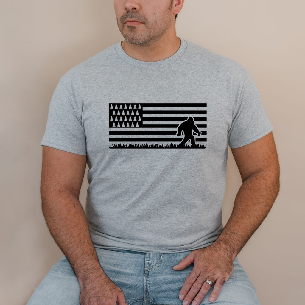 Patriotic Bigfoot TShirt for Men-208 Tees- 208 Tees, A Women's, Men's and Kids Online Graphic Tee Boutique, Located in Spirit Lake, Idaho