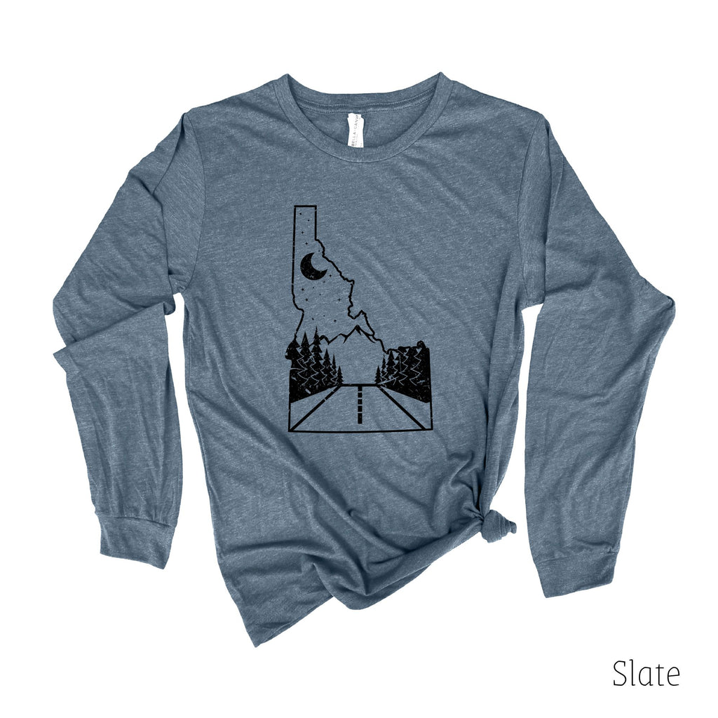 Idaho Road Long Sleeve 19T-Long Sleeves-208 Tees- 208 Tees, A Women's, Men's and Kids Online Graphic Tee Boutique, Located in Spirit Lake, Idaho