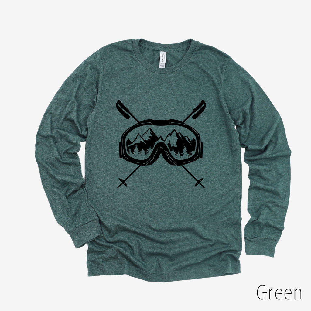 Ski Goggles Long Sleeve 30T-Long Sleeves-208 Tees- 208 Tees, A Women's, Men's and Kids Online Graphic Tee Boutique, Located in Spirit Lake, Idaho