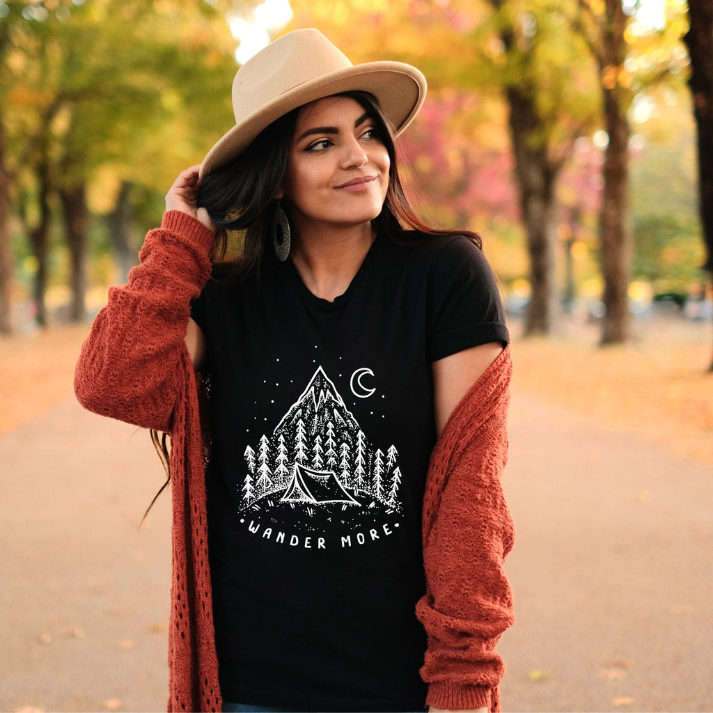 Wander More Mountain T Shirt for Women-208 Tees- 208 Tees, A Women's, Men's and Kids Online Graphic Tee Boutique, Located in Spirit Lake, Idaho