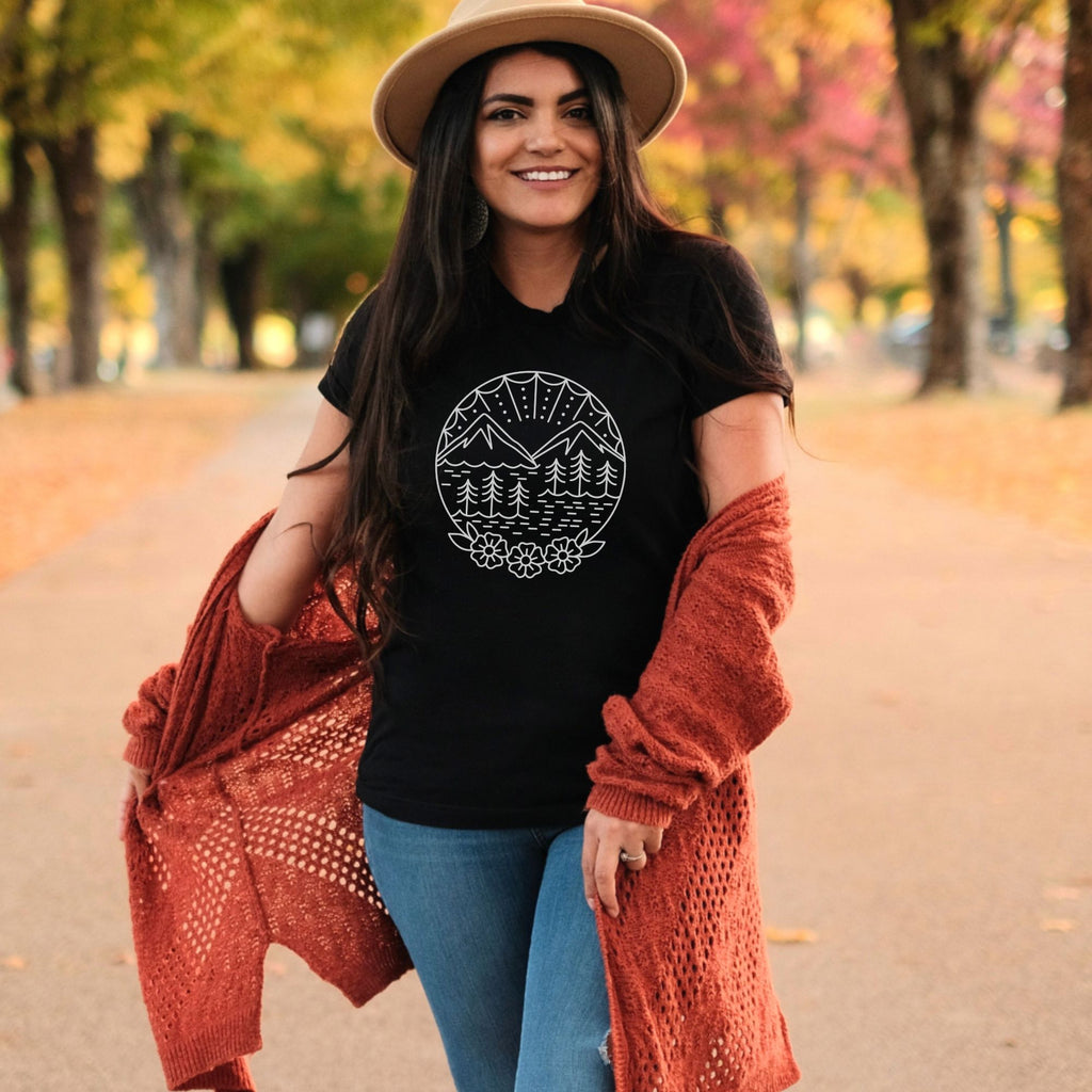 Traditional Mountain TShirt for Women-208 Tees- 208 Tees, A Women's, Men's and Kids Online Graphic Tee Boutique, Located in Spirit Lake, Idaho