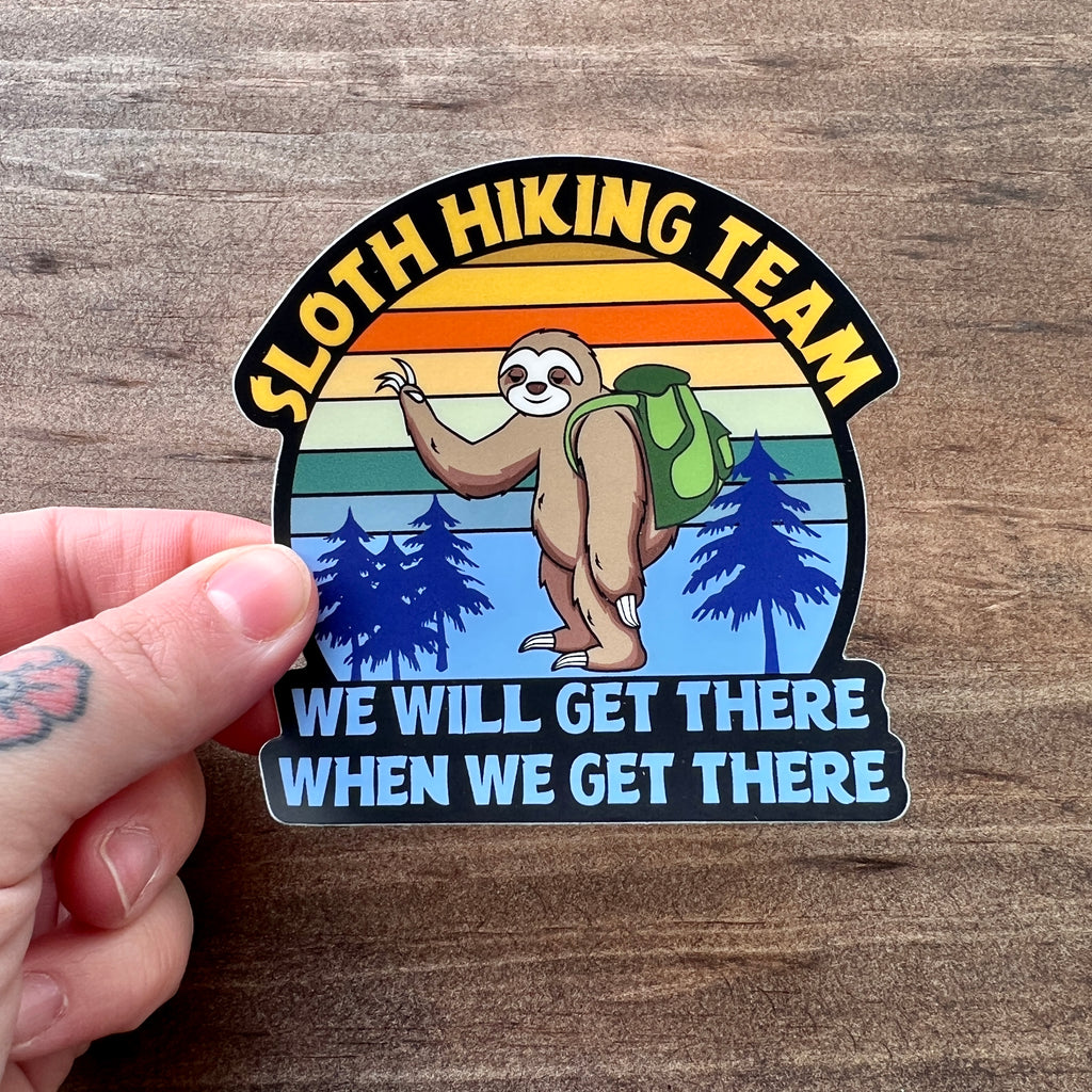 Sloth Hiking Team Sticker-Sticker-208 Tees- 208 Tees, A Women's, Men's and Kids Online Graphic Tee Boutique, Located in Spirit Lake, Idaho