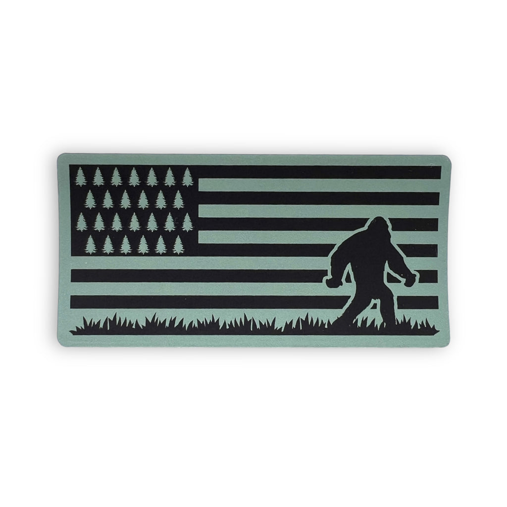 Bigfoot in Flag Sticker-Sticker-208 Tees- 208 Tees, A Women's, Men's and Kids Online Graphic Tee Boutique, Located in Spirit Lake, Idaho