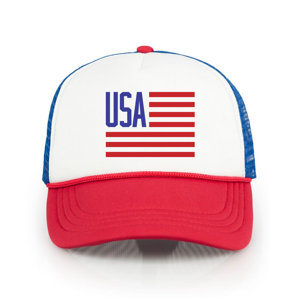 USA Flag 4th of July Trucker Hat-Hats-208 Tees- 208 Tees, A Women's, Men's and Kids Online Graphic Tee Boutique, Located in Spirit Lake, Idaho