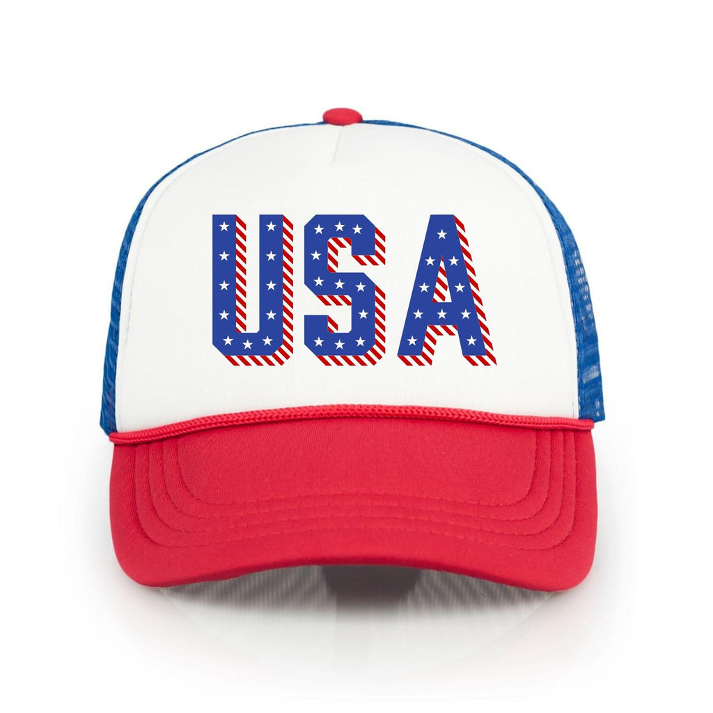 USA Stars Flag 4th of July Trucker Hat-Hats-208 Tees- 208 Tees, A Women's, Men's and Kids Online Graphic Tee Boutique, Located in Spirit Lake, Idaho