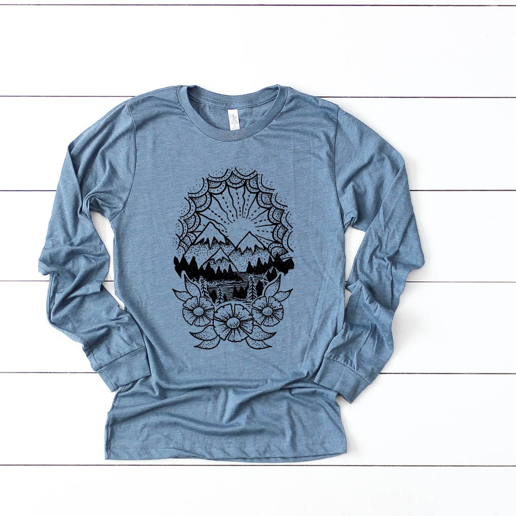 Cute Long Sleeve Shirt, Treeline, Forest Nature, Camping, Mountains, Wanderlust Shirt, Nature Clothing, Hiking Shirt, Nature Lover Shirt-Long Sleeves-208 Tees- 208 Tees, A Women's, Men's and Kids Online Graphic Tee Boutique, Located in Spirit Lake, Idaho