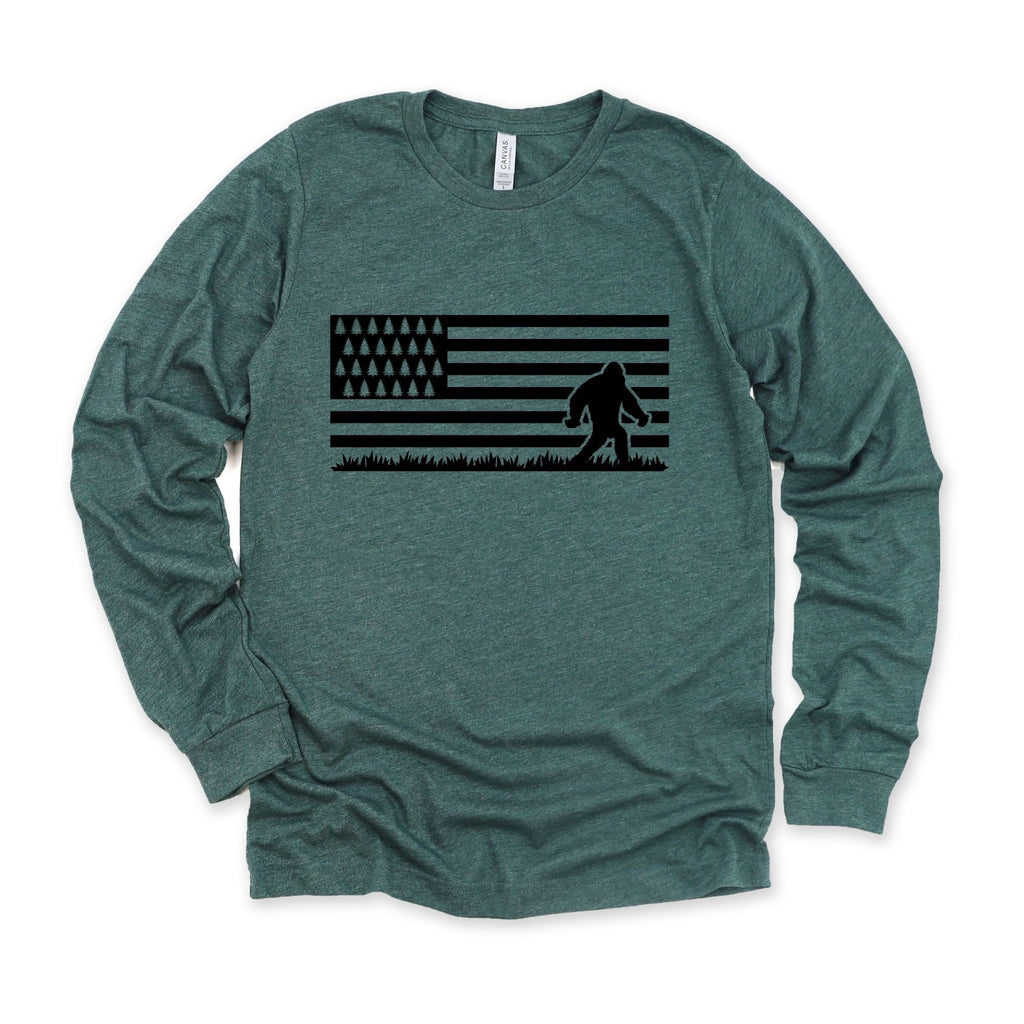 Bigfoot Flag Long Sleeve Shirt for Men-Long Sleeves-208 Tees- 208 Tees, A Women's, Men's and Kids Online Graphic Tee Boutique, Located in Spirit Lake, Idaho