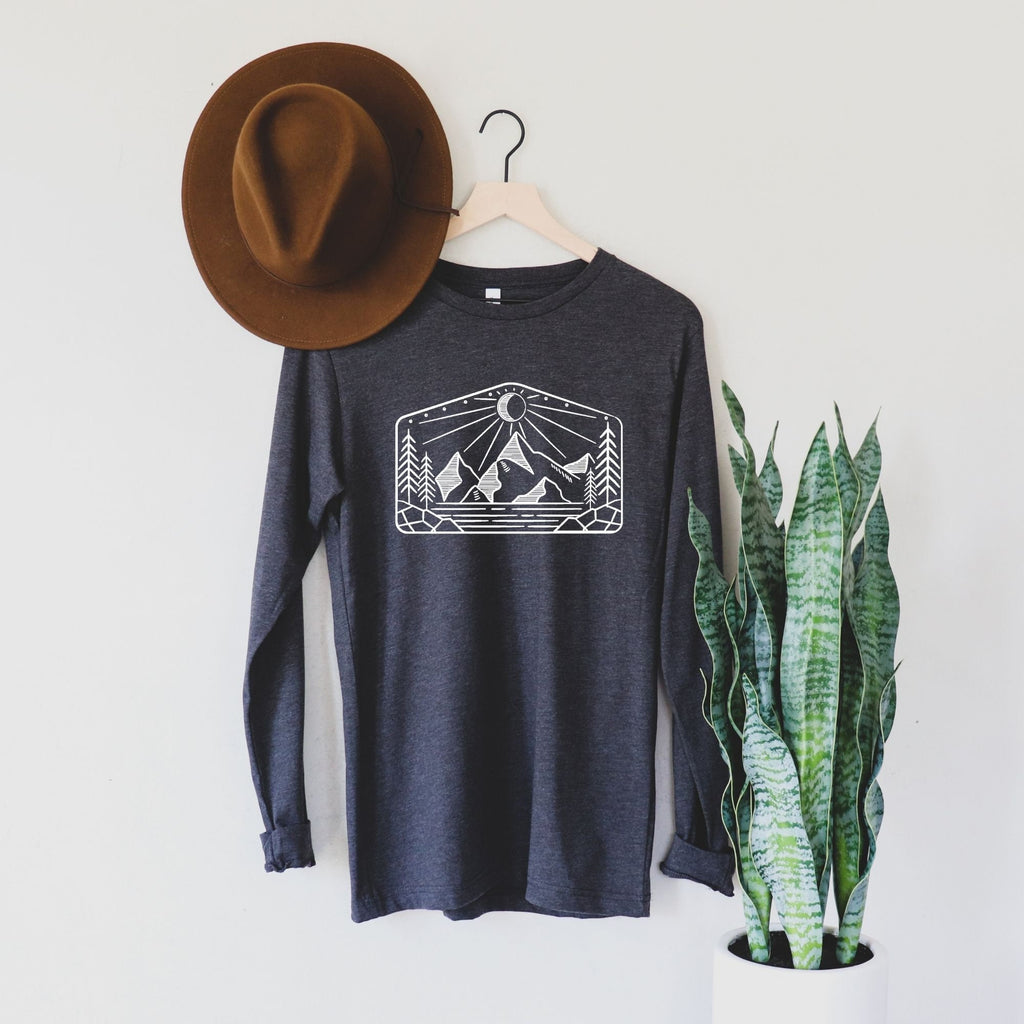 Cute Long Sleeve Shirt, Forest Nature, Camping, Mountains, Wanderlust Shirt, Nature Clothing, Hiking Shirt, Nature Lover Shirt-Long Sleeves-208 Tees- 208 Tees, A Women's, Men's and Kids Online Graphic Tee Boutique, Located in Spirit Lake, Idaho