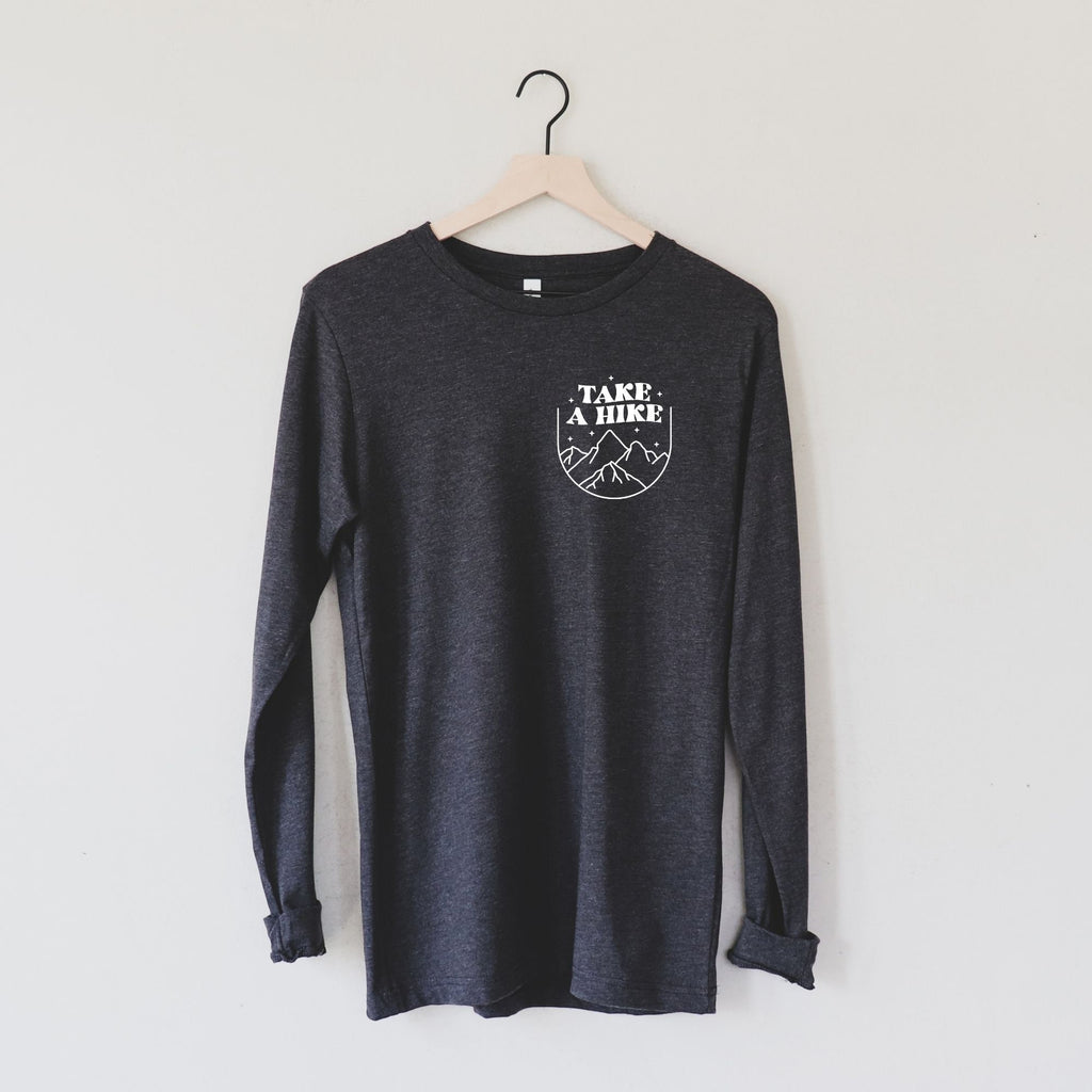 Take A Hike Long Sleeve Shirt, Hiking Shirt, Cute Nature Shirts, Get Outdoors and Explore More, Mountain Adventure, Casual Wanderlust-Long Sleeves-208 Tees- 208 Tees, A Women's, Men's and Kids Online Graphic Tee Boutique, Located in Spirit Lake, Idaho