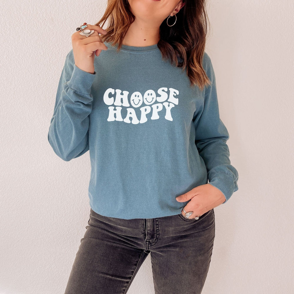 Choose Happy Long Sleeve Shirt, Kindness, Happy Shirt, Motivational Shirt, Inspirational Shirt, Happiness, Cute Shirts, Womens Shirts Hippie-Long Sleeves-208 Tees- 208 Tees, A Women's, Men's and Kids Online Graphic Tee Boutique, Located in Spirit Lake, Idaho
