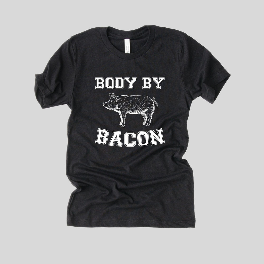 Body By Bacon Shirt, Funny Bacon Gift, Mens Shirts, Funny Graphic Tees Shirts, Dad Gift, Gift for Him, Gift for Men, Fathers Day-208 Tees- 208 Tees, A Women's, Men's and Kids Online Graphic Tee Boutique, Located in Spirit Lake, Idaho