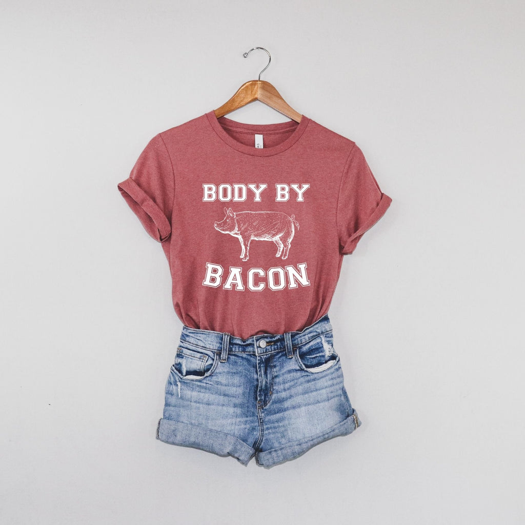 Body By Bacon Shirt, Foodie Shirt for Women, Funny Food TShirt, Pig Farmer, Bacon Lover-208 Tees- 208 Tees, A Women's, Men's and Kids Online Graphic Tee Boutique, Located in Spirit Lake, Idaho