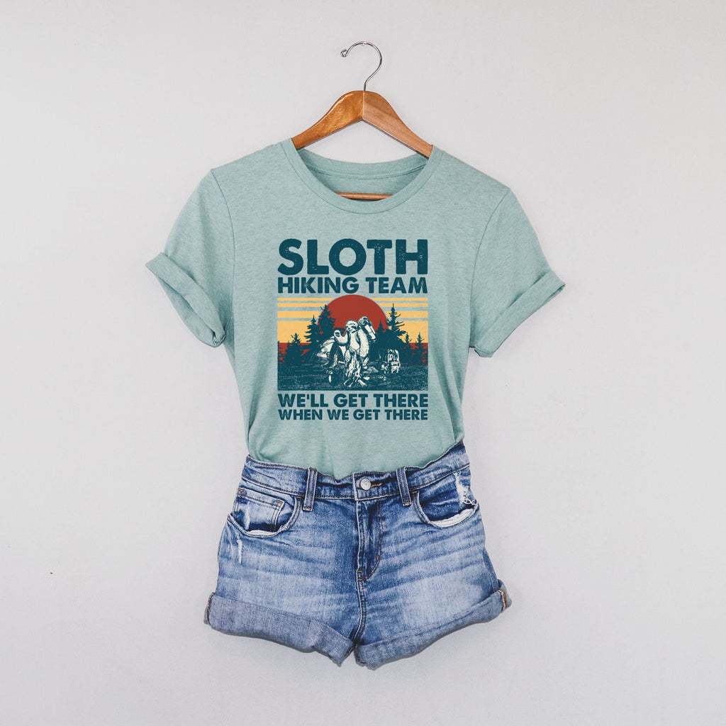 Sloth Hiking Team 409C Tshirt, Long Sleeve, Tank Top-208 Tees- 208 Tees, A Women's, Men's and Kids Online Graphic Tee Boutique, Located in Spirit Lake, Idaho