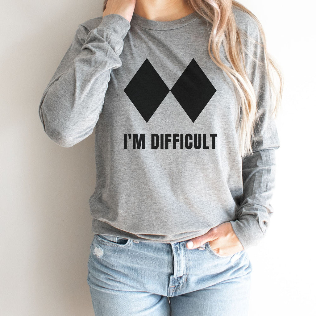 Difficult Skiing Snowboarding Tshirt Graphic Tee Long Sleeve Skier T Shirt, Ski Gift, Funny Skiing Shirts, Snowboard Shirt, Snowboarder-Long Sleeves-208 Tees- 208 Tees, A Women's, Men's and Kids Online Graphic Tee Boutique, Located in Spirit Lake, Idaho