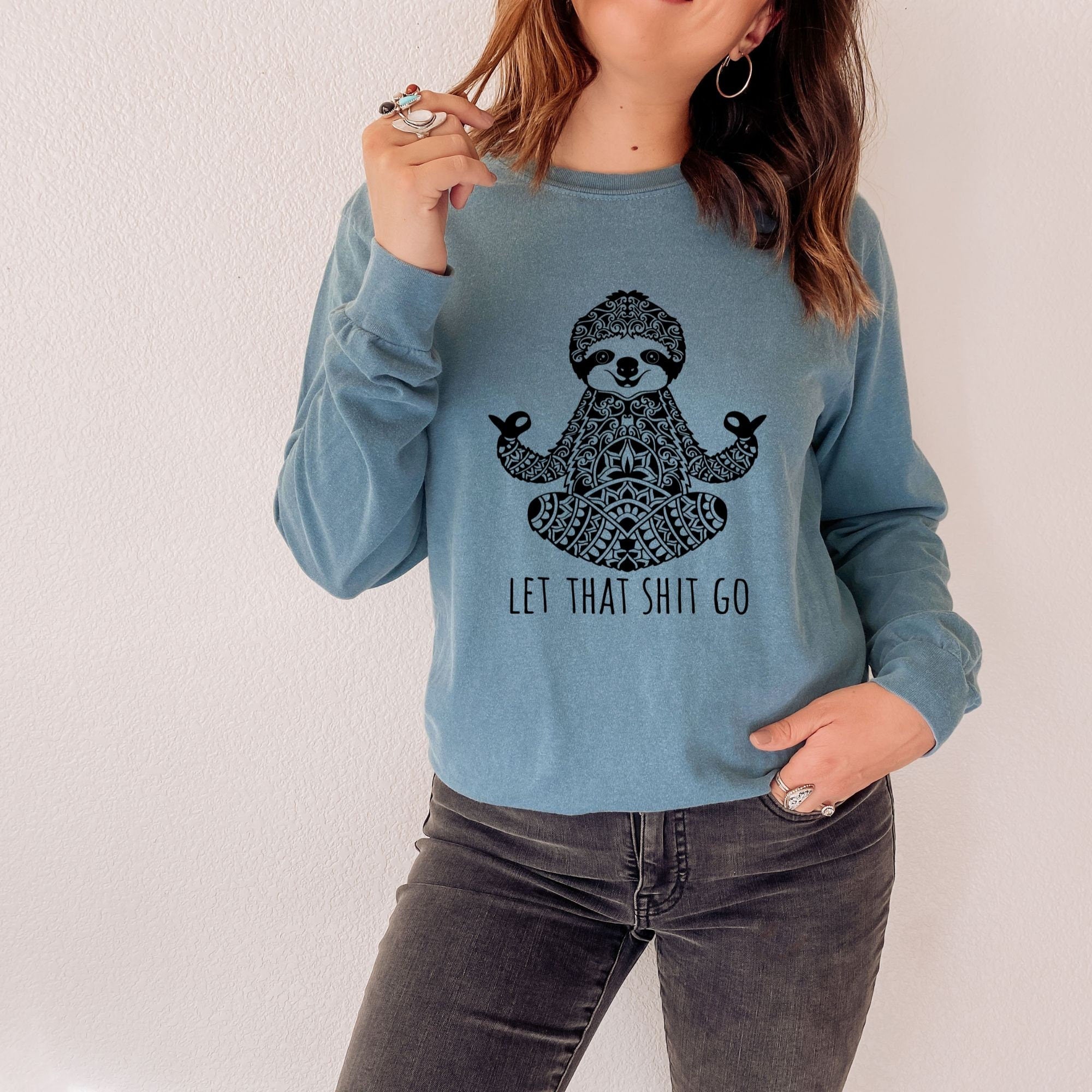 Meditation T Shirt, Yoga Long Sleeve Shirt for Women, Zen Sloth 45T-Long Sleeves-208 Tees- 208 Tees, A Women's, Men's and Kids Online Graphic Tee Boutique, Located in Spirit Lake, Idaho