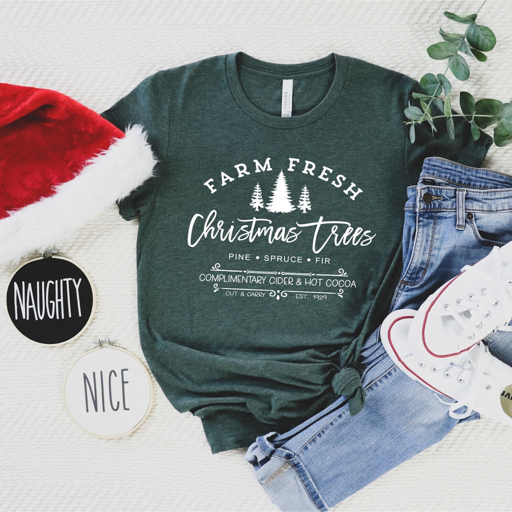 Farm Fresh Christmas Trees Shirt, Pine Spruce Fir, Christmas Gift Ideas, Holiday Shirt, Christmas, Unisex Adult Tee, Winter Tee-208 Tees- 208 Tees, A Women's, Men's and Kids Online Graphic Tee Boutique, Located in Spirit Lake, Idaho
